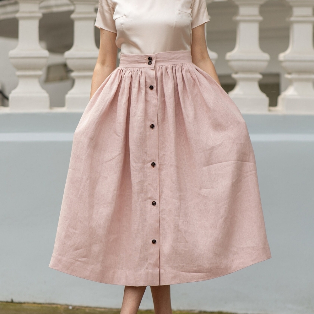 High-Waist Blush Pink Button-Front Midi Skirt